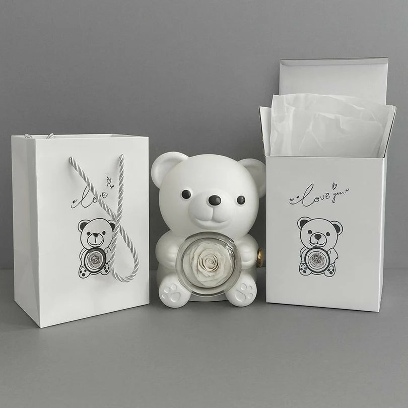 Teddy Bear Jewelry Box Necklace w/ Preserved Rose