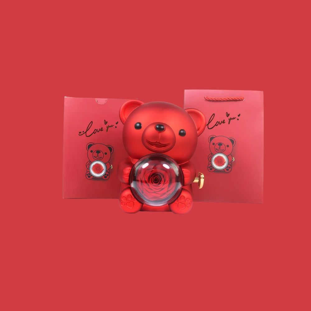 Teddy Bear Jewelry Box Necklace w/ Preserved Rose