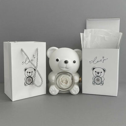 Teddy Bear Jewelry Box Necklace w/ Preserved Rose